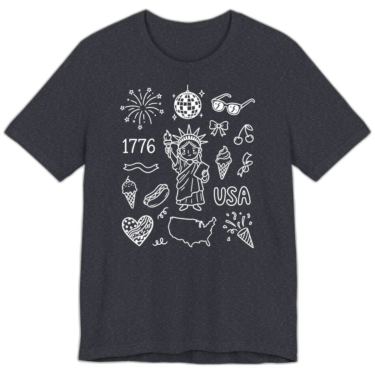 Patriotic Celebration Doodles with Lady Liberty Premium T-Shirt in Heather Navy