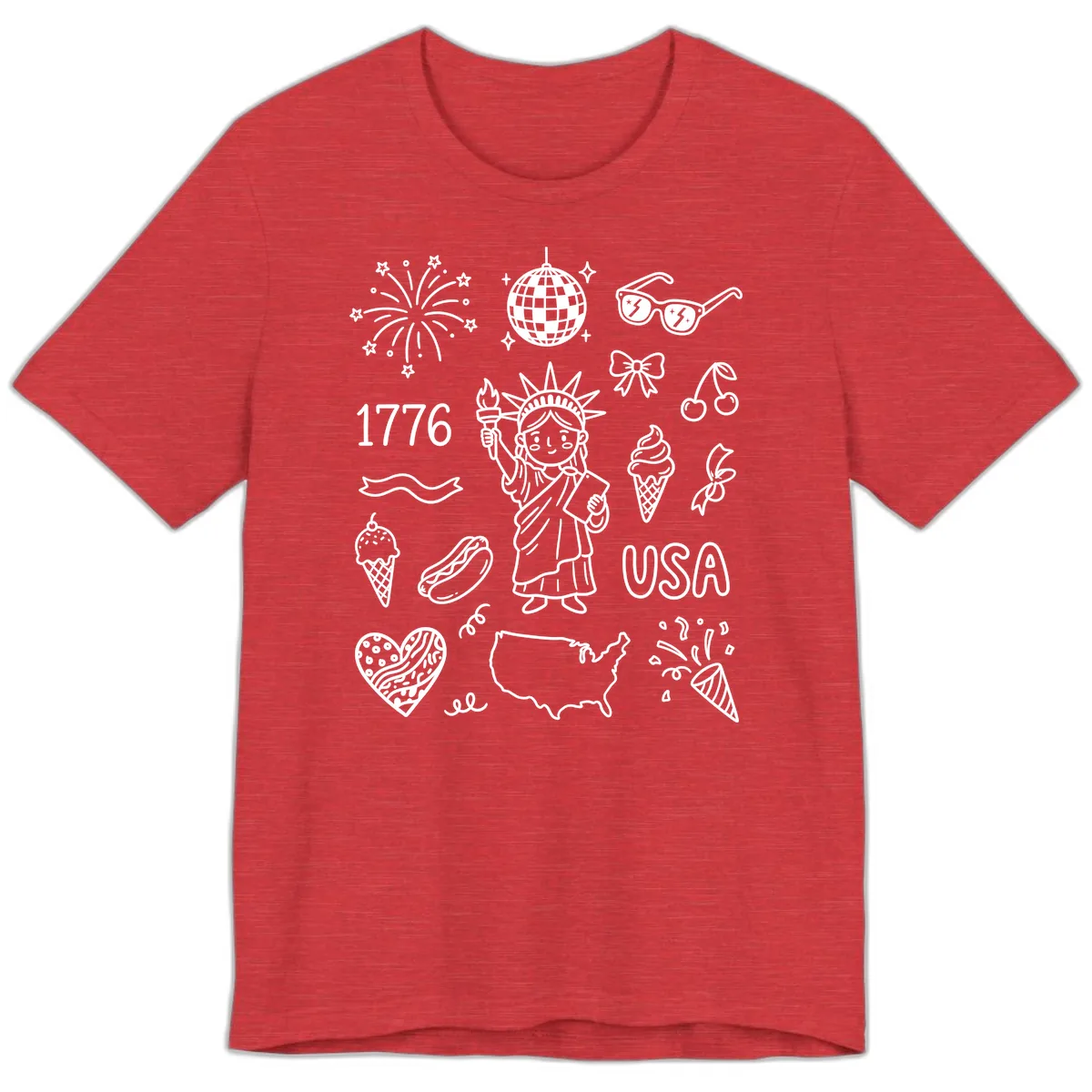 Patriotic Celebration Doodles with Lady Liberty Premium T-Shirt in Heather Red