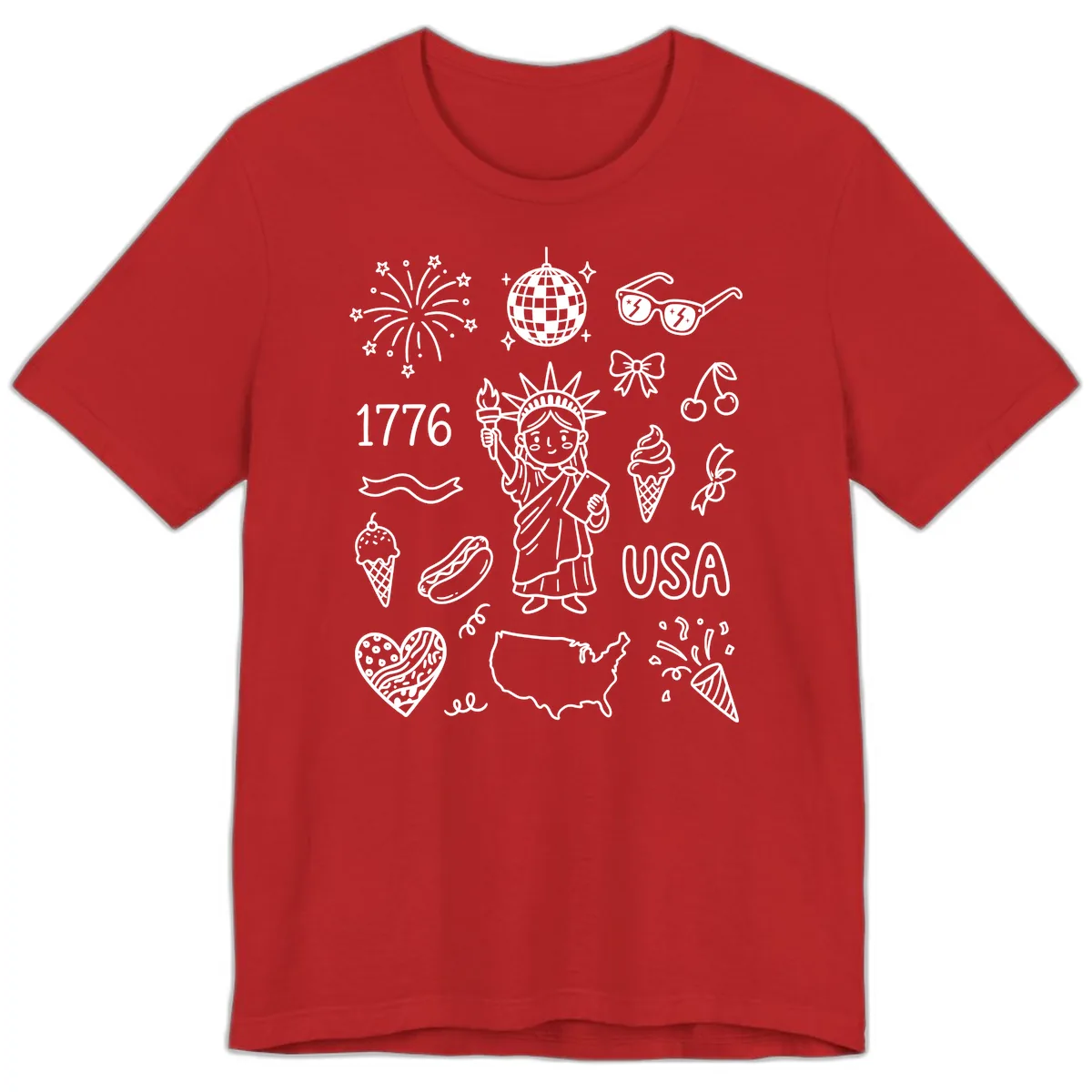 Patriotic Celebration Doodles with Lady Liberty Premium T-Shirt in Red