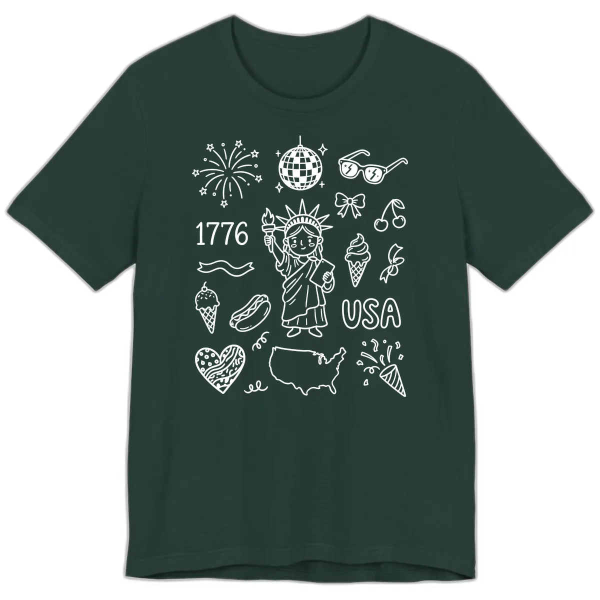 Patriotic Celebration Doodles with Lady Liberty Premium T-Shirt in Forest