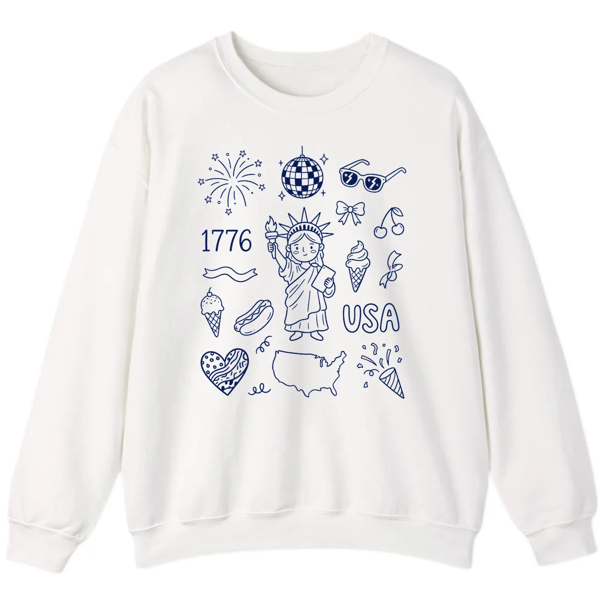 Patriotic Celebration Doodles with Lady Liberty Sweatshirt in White