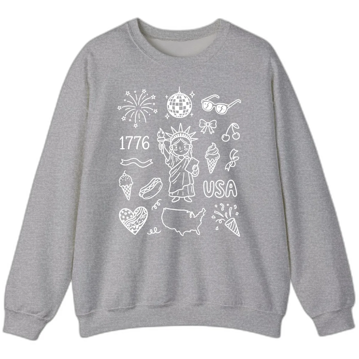 Patriotic Celebration Doodles with Lady Liberty Sweatshirt in Sport Grey