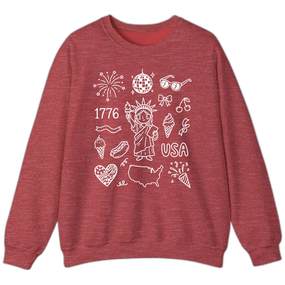 Patriotic Celebration Doodles with Lady Liberty Sweatshirt in Heather Scarlet Red