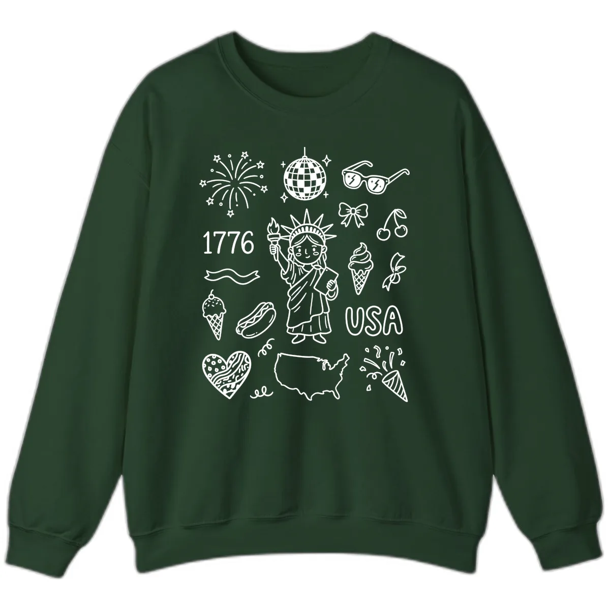 Patriotic Celebration Doodles with Lady Liberty Sweatshirt in Forest Green