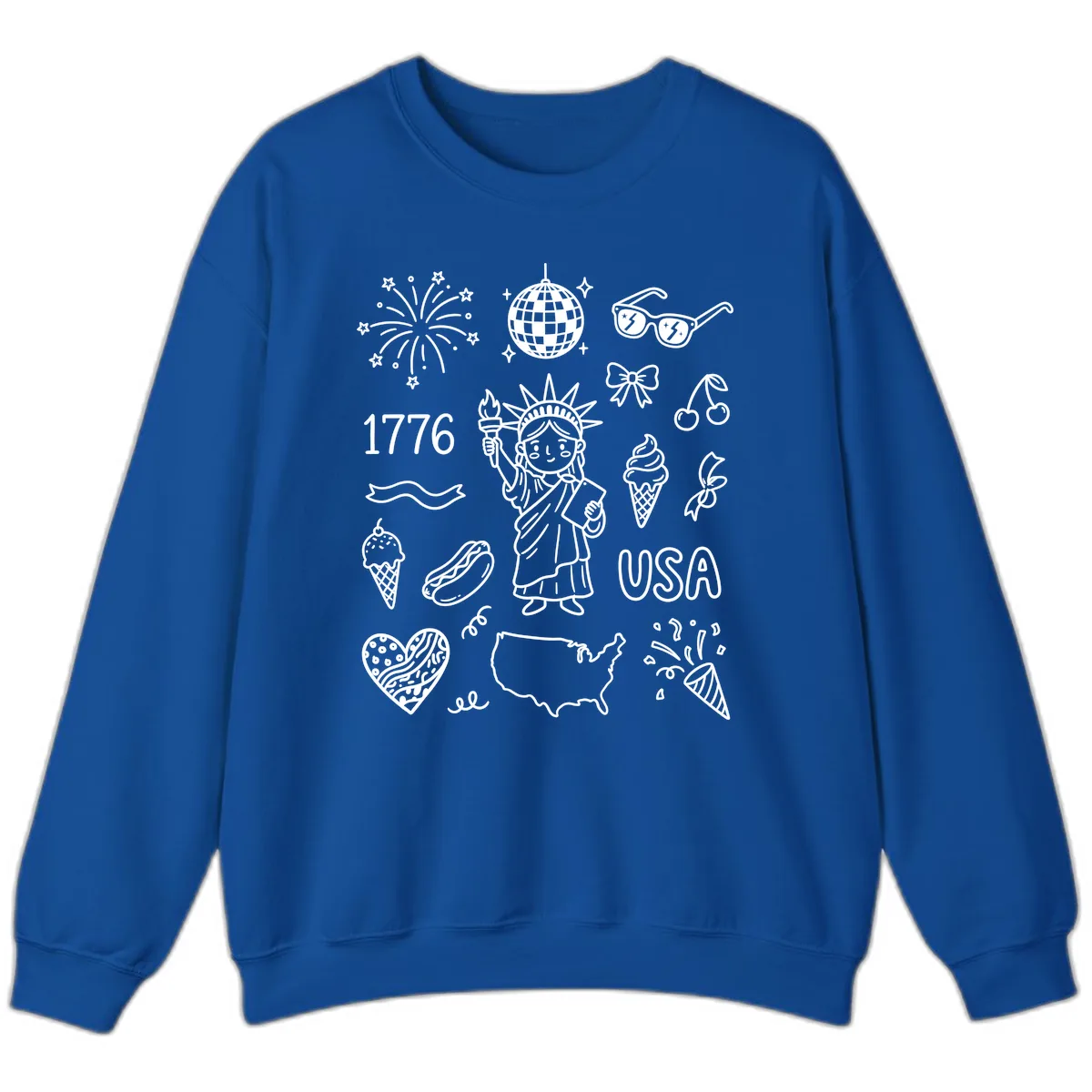 Patriotic Celebration Doodles with Lady Liberty Sweatshirt in Royal