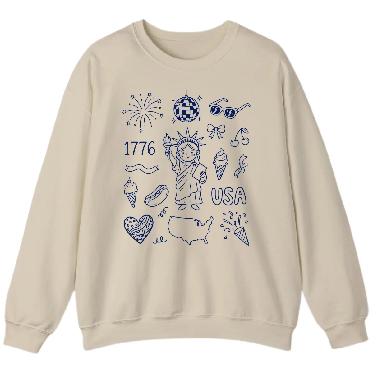 Patriotic Celebration Doodles with Lady Liberty Sweatshirt in Sand