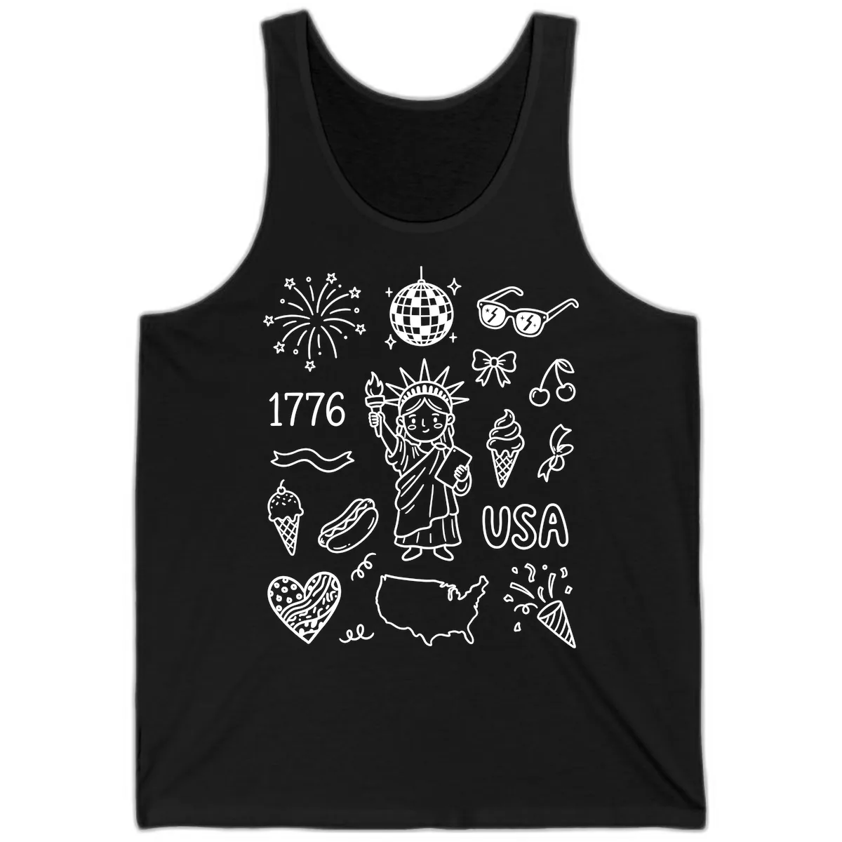 Patriotic Celebration Doodles with Lady Liberty Tank in Black