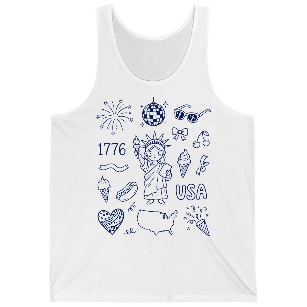 Patriotic Celebration Doodles with Lady Liberty Tank in White