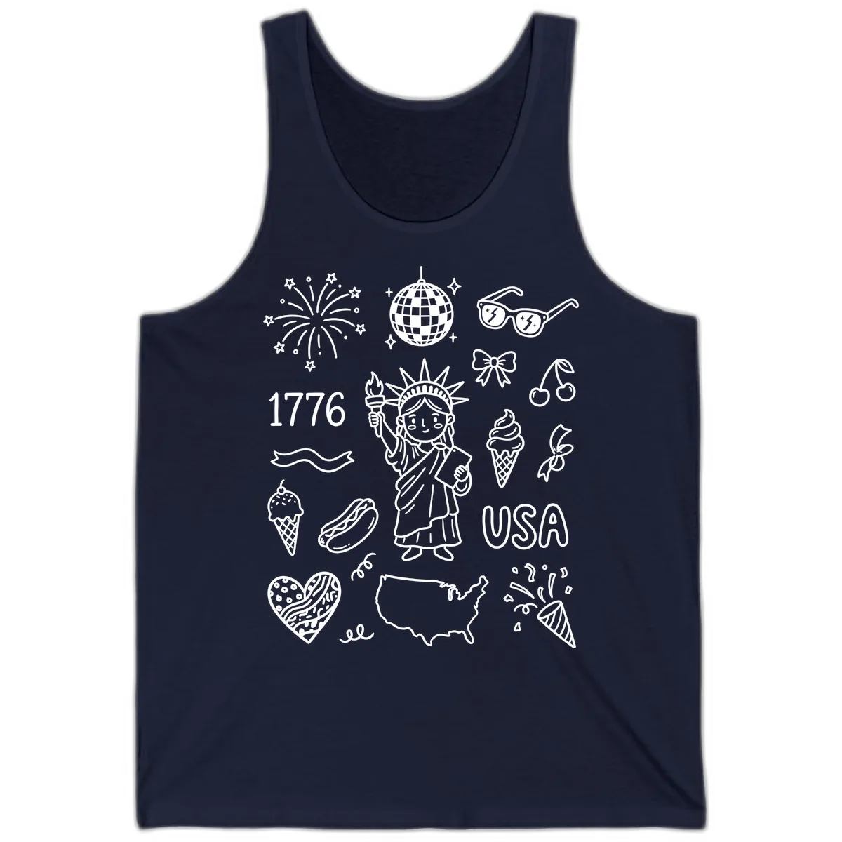 Patriotic Celebration Doodles with Lady Liberty Tank in Navy