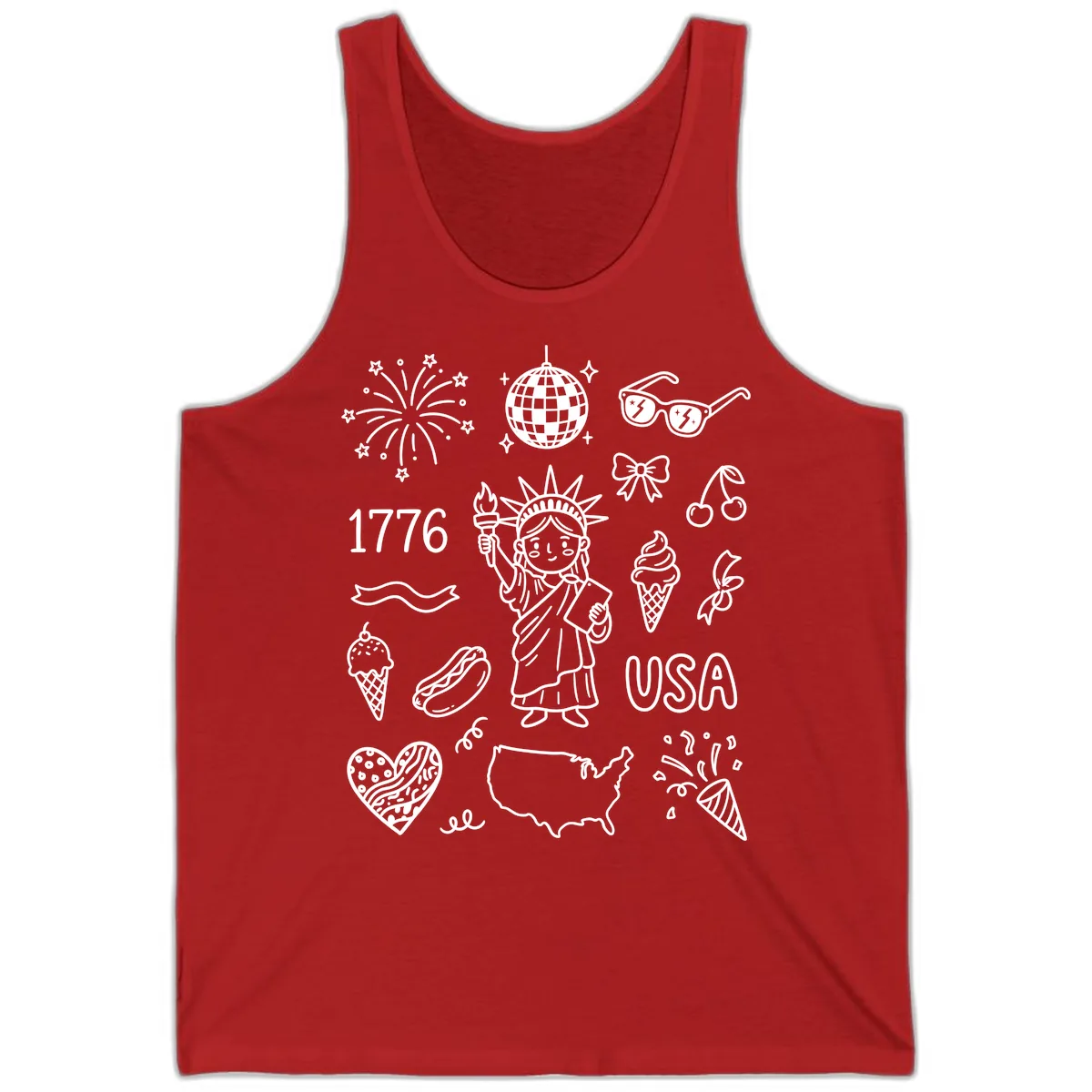 Patriotic Celebration Doodles with Lady Liberty Tank in Red