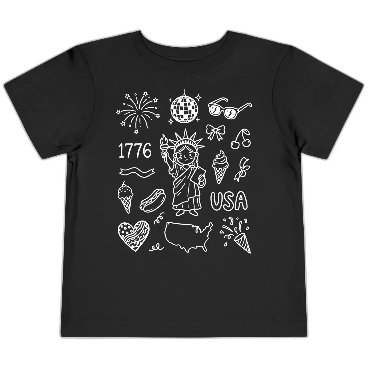 Patriotic Celebration Doodles with Lady Liberty Toddler T-Shirt in Black