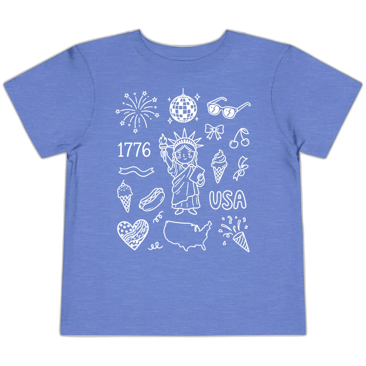 Patriotic Celebration Doodles with Lady Liberty Toddler T-Shirt in Heather Columbia Blue