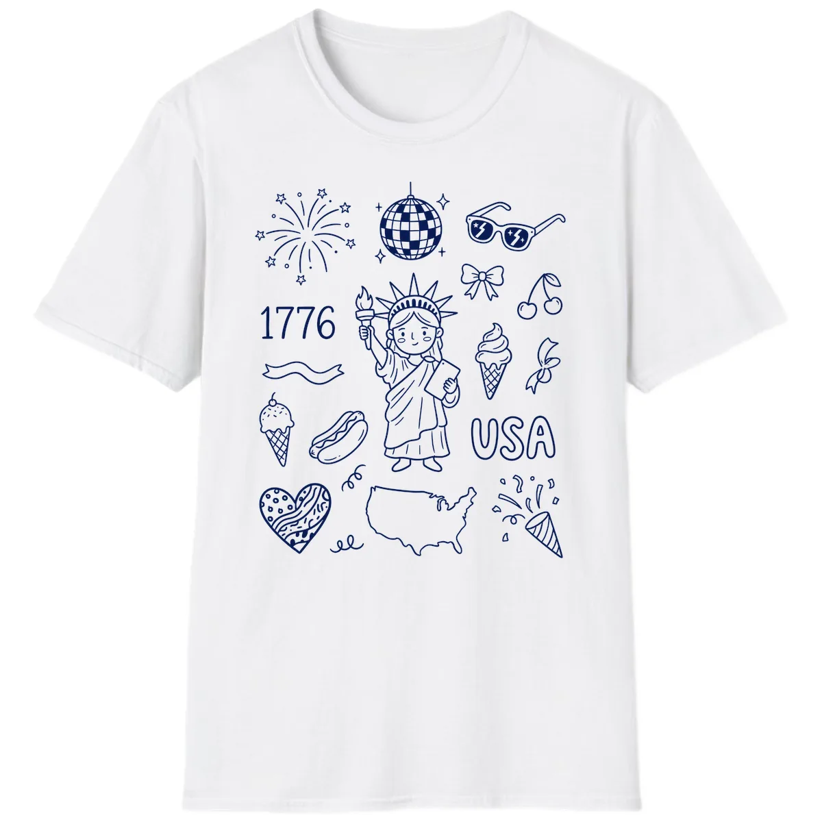 Patriotic Celebration Doodles with Lady Liberty T-Shirt in White
