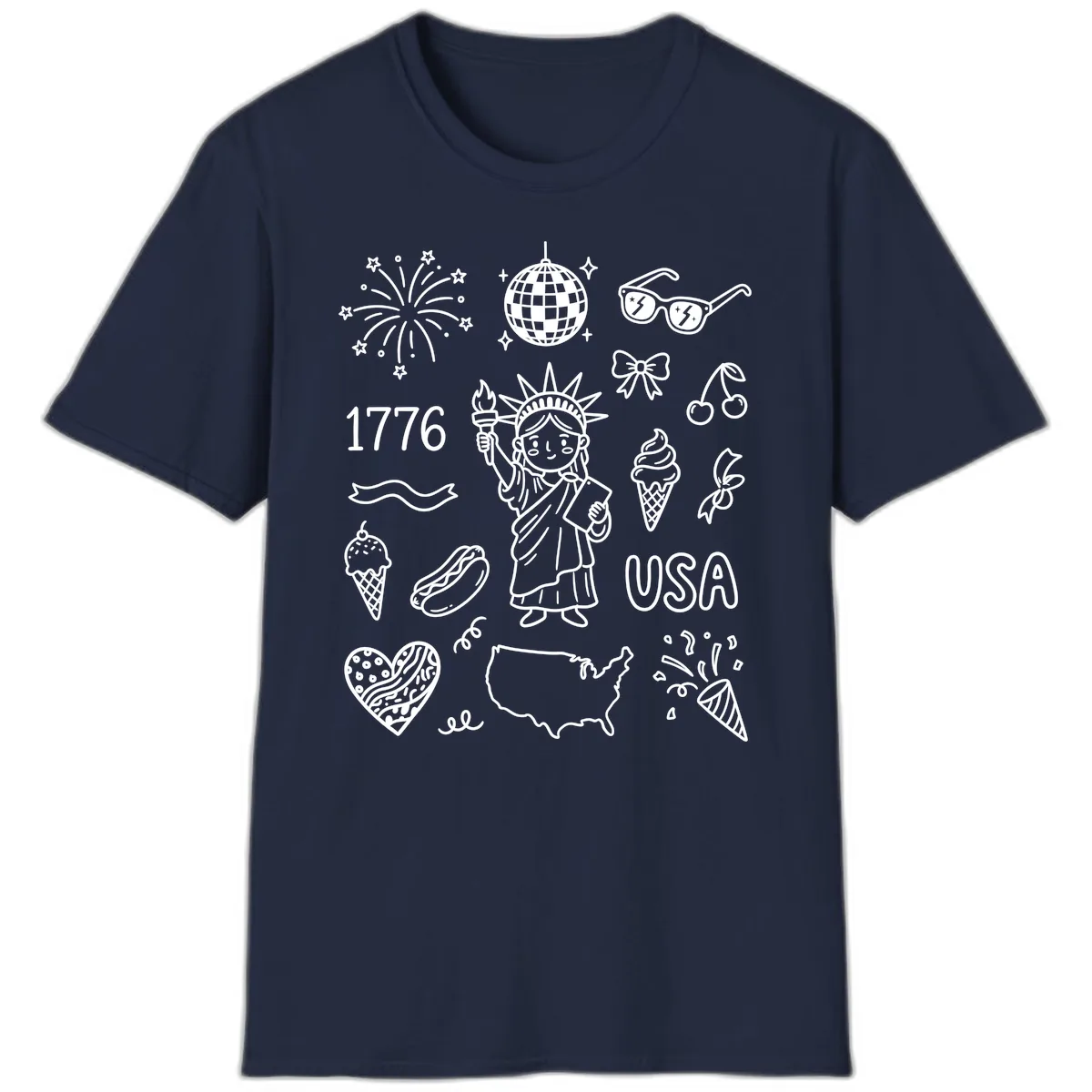 Patriotic Celebration Doodles with Lady Liberty T-Shirt in Navy