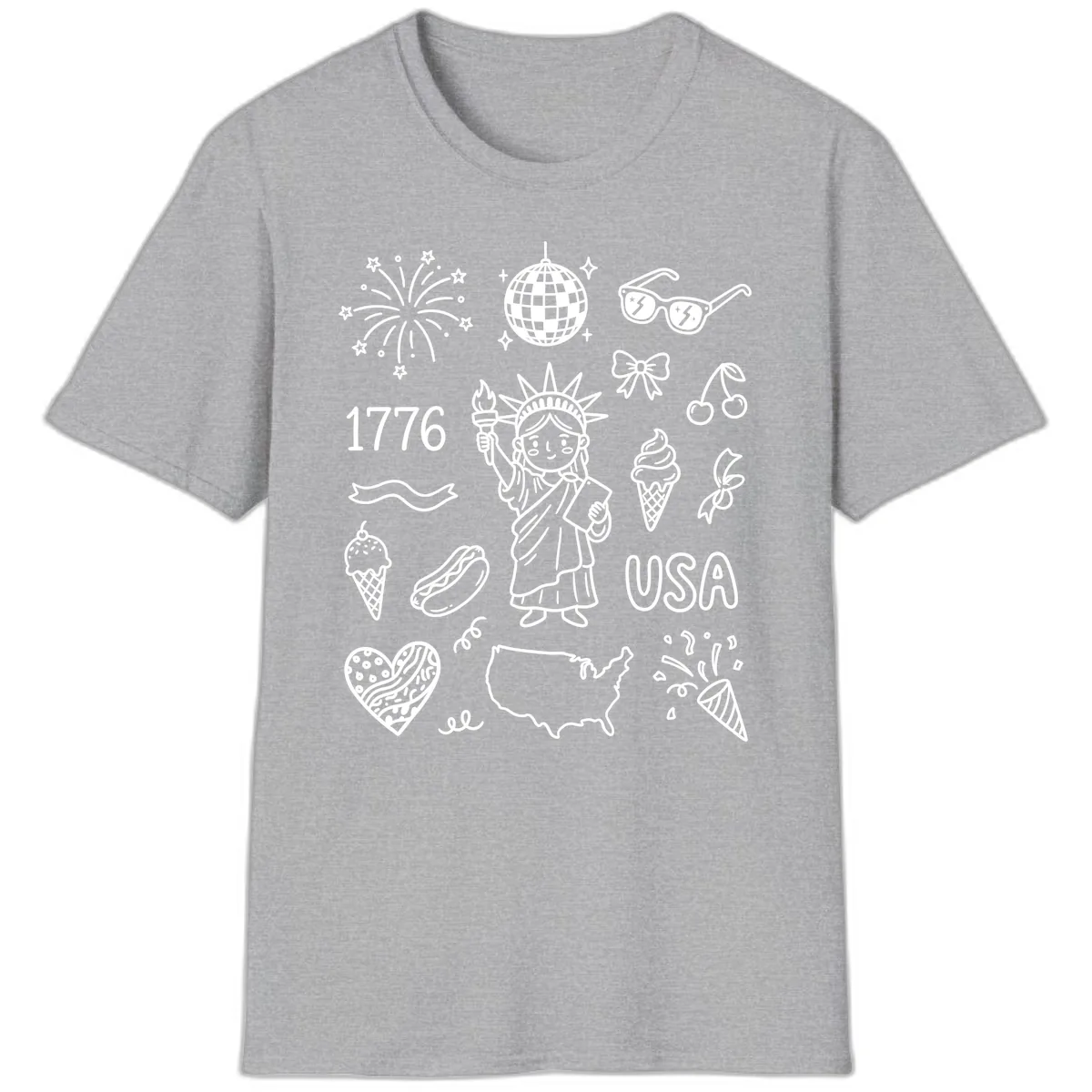 Patriotic Celebration Doodles with Lady Liberty T-Shirt in Sport Grey