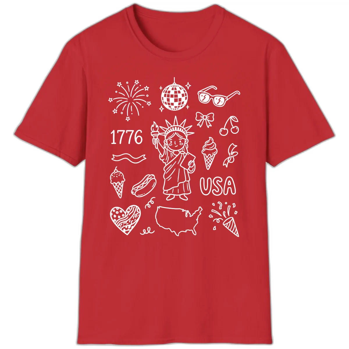 Patriotic Celebration Doodles with Lady Liberty T-Shirt in Red