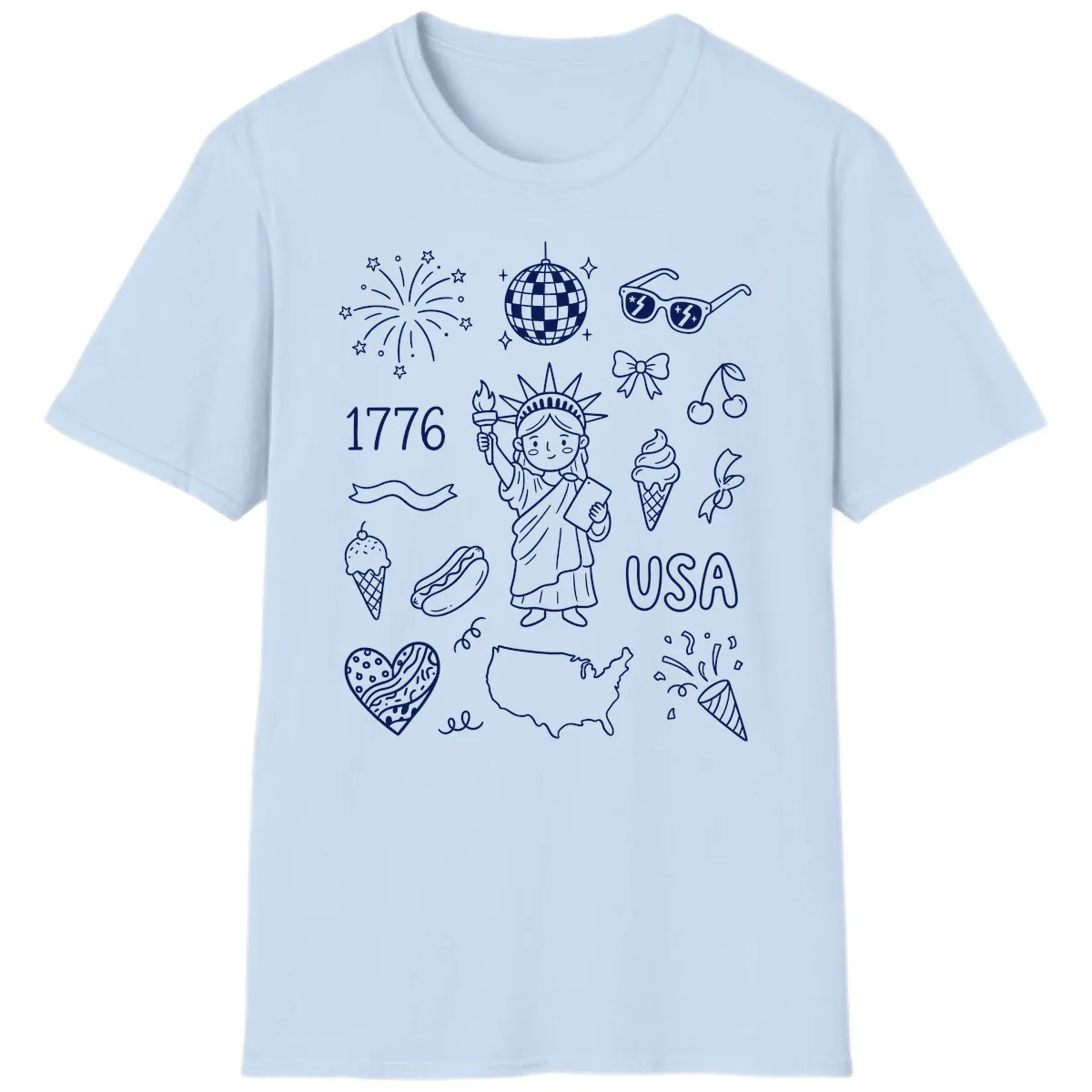 Patriotic Celebration Doodles with Lady Liberty T-Shirt in Light Blue