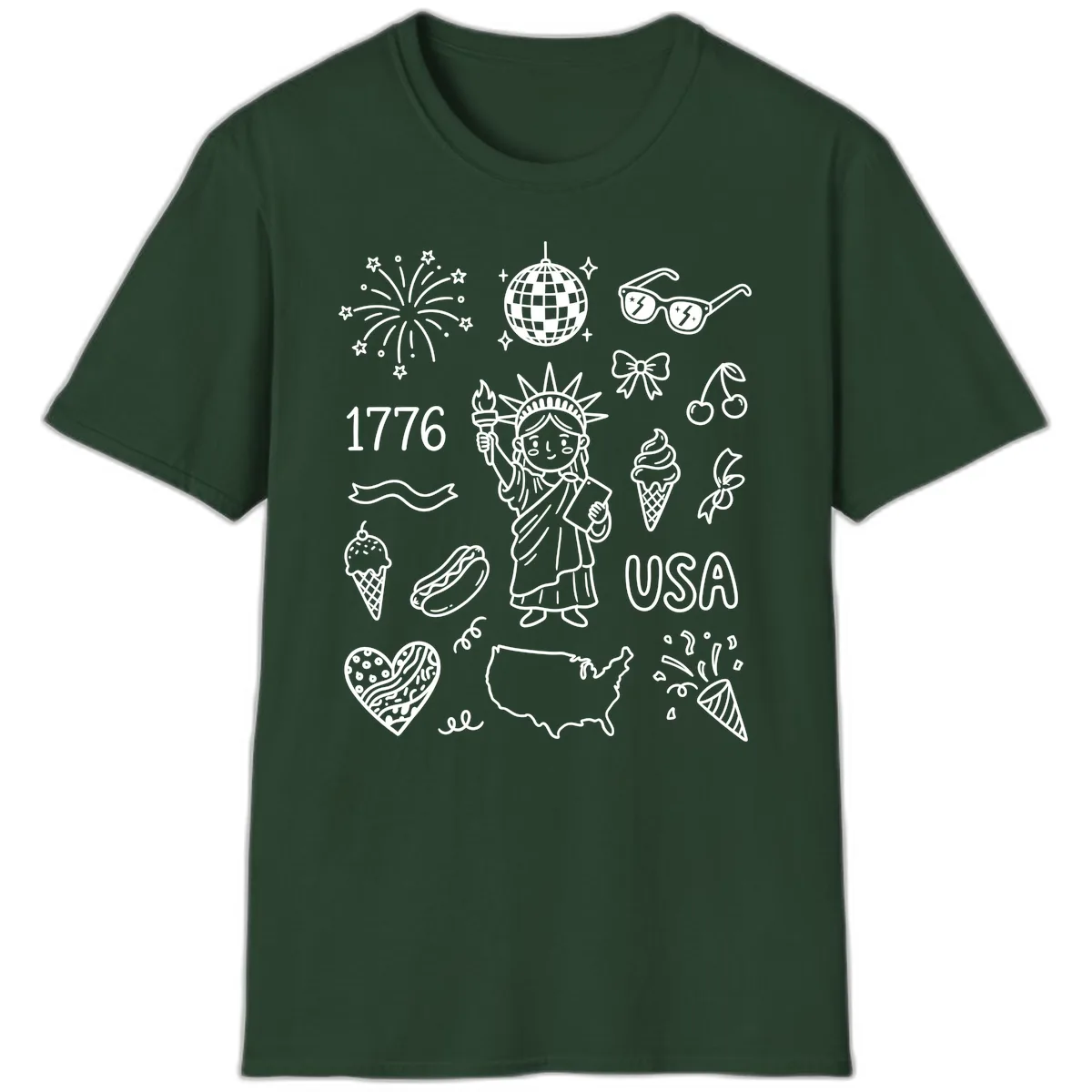 Patriotic Celebration Doodles with Lady Liberty T-Shirt in Forest Green