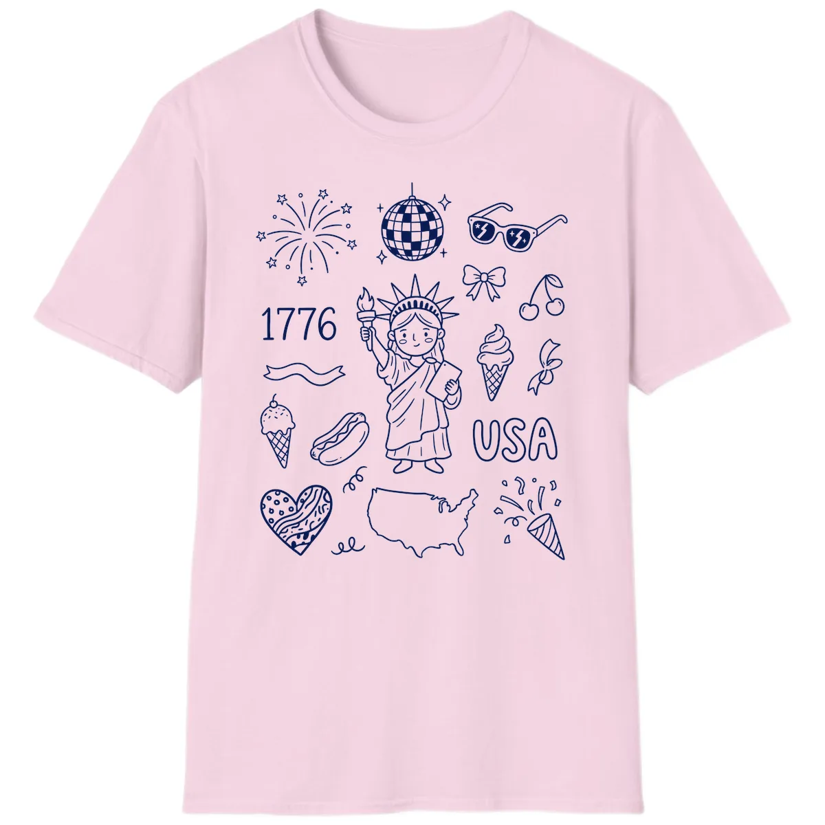 Patriotic Celebration Doodles with Lady Liberty T-Shirt in Light Pink