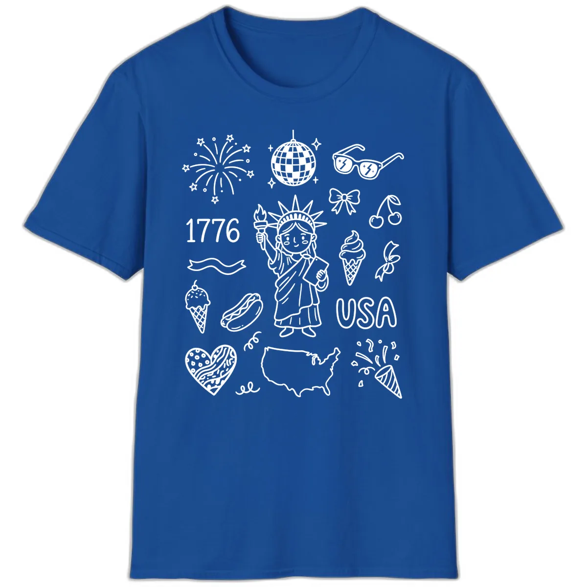Patriotic Celebration Doodles with Lady Liberty T-Shirt in Royal