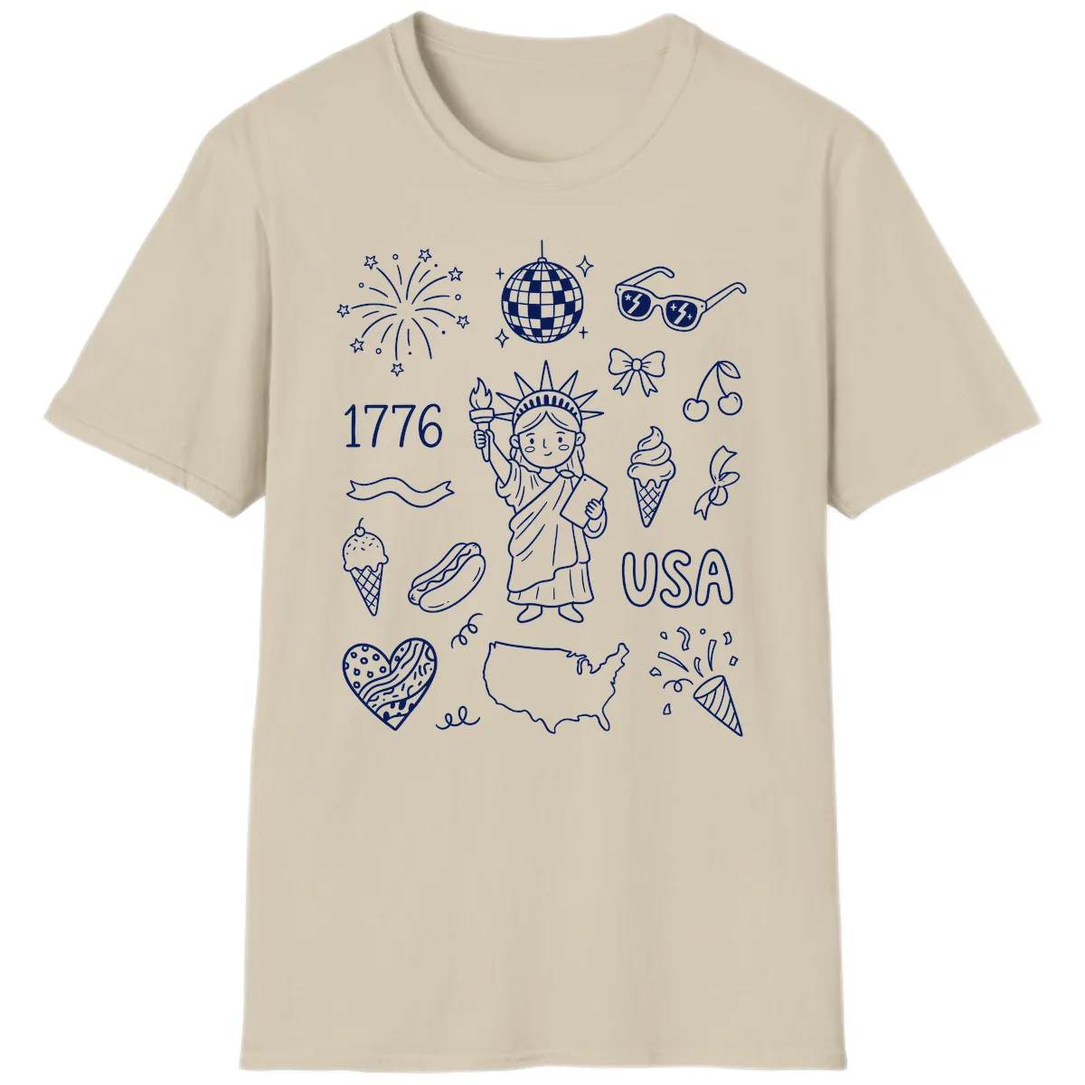 Patriotic Celebration Doodles with Lady Liberty T-Shirt in Sand
