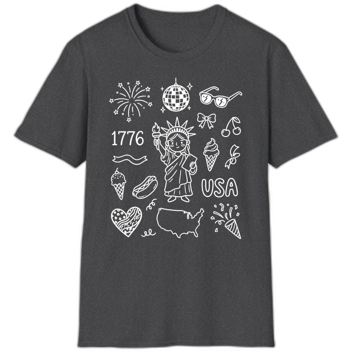 Patriotic Celebration Doodles with Lady Liberty T-Shirt in Dark Heather