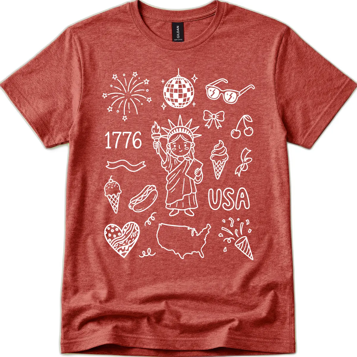 Patriotic Celebration Doodles with Lady Liberty T-Shirt in Heather Cardinal