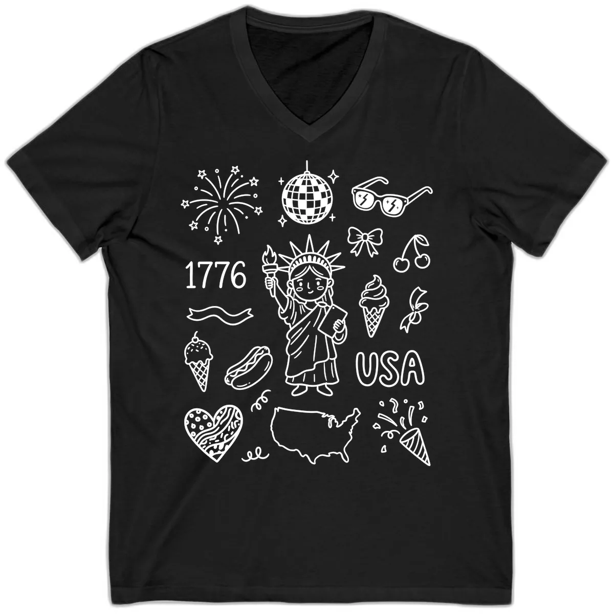 Patriotic Celebration Doodles with Lady Liberty V-Neck in Black