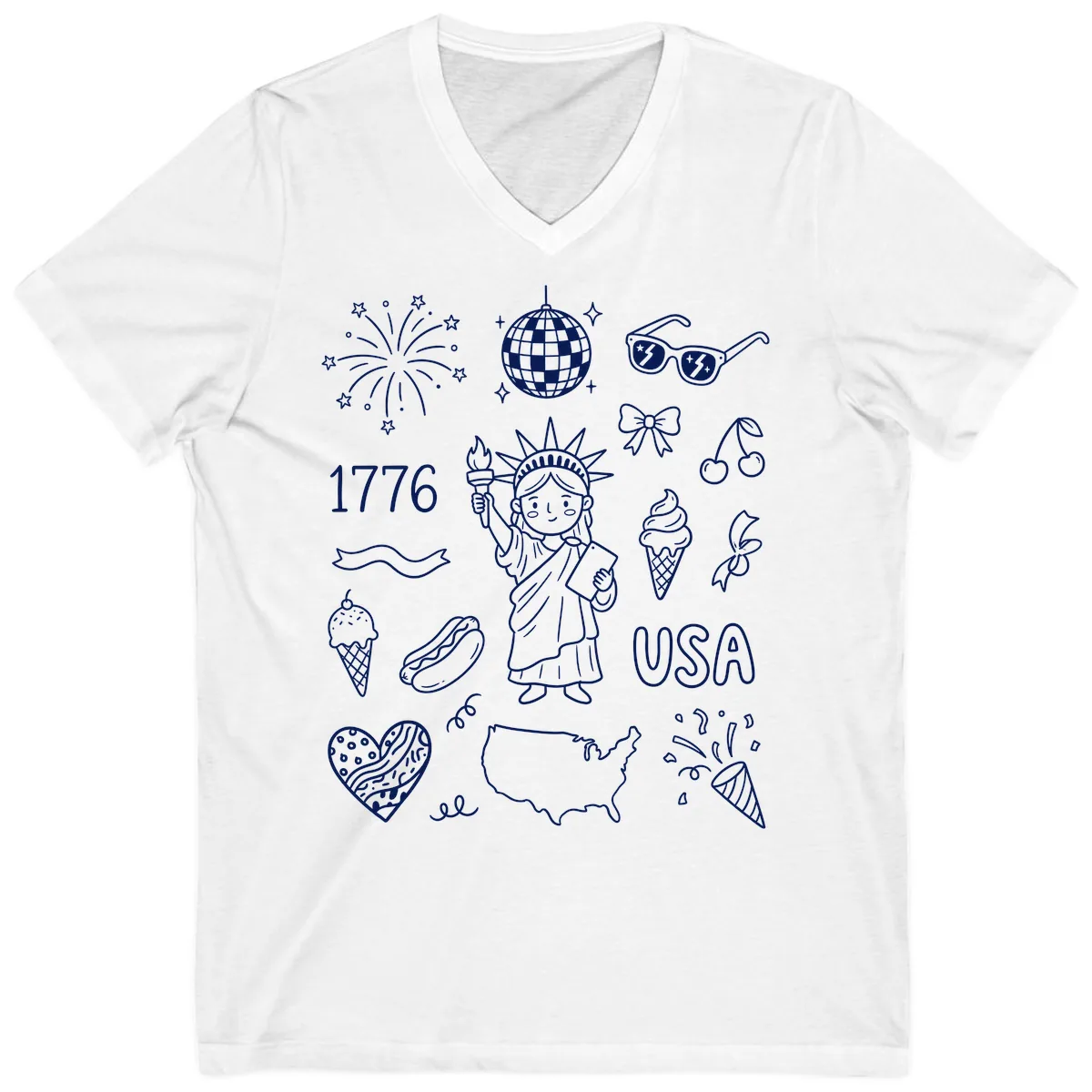 Patriotic Celebration Doodles with Lady Liberty V-Neck in White