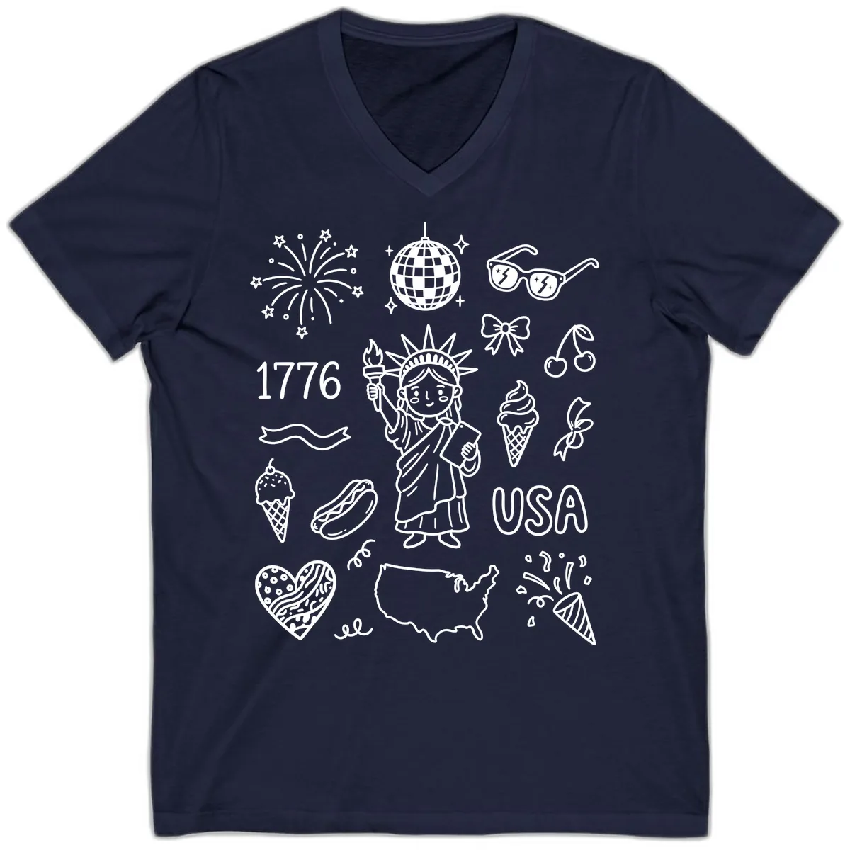 Patriotic Celebration Doodles with Lady Liberty V-Neck in Navy