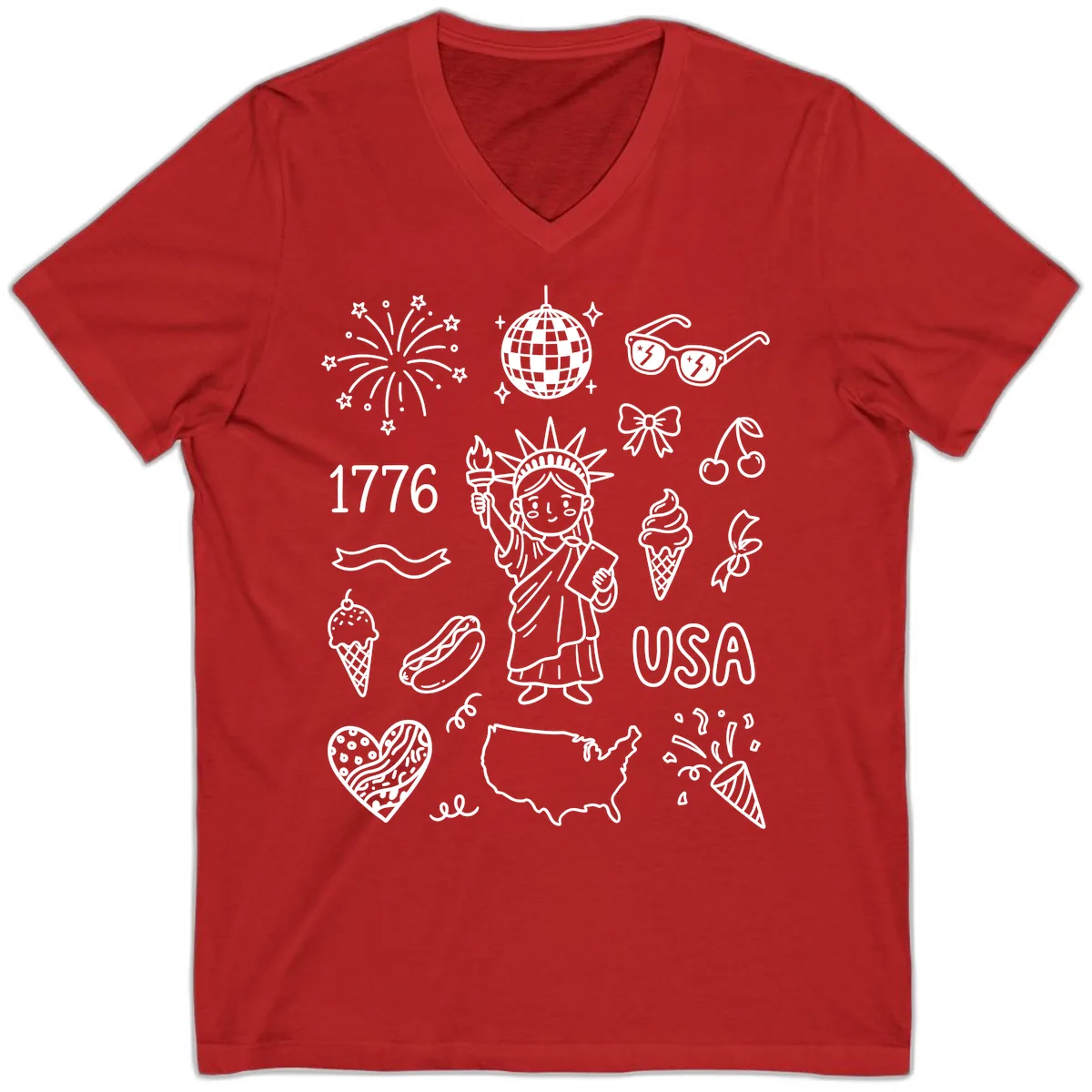 Patriotic Celebration Doodles with Lady Liberty V-Neck in Red