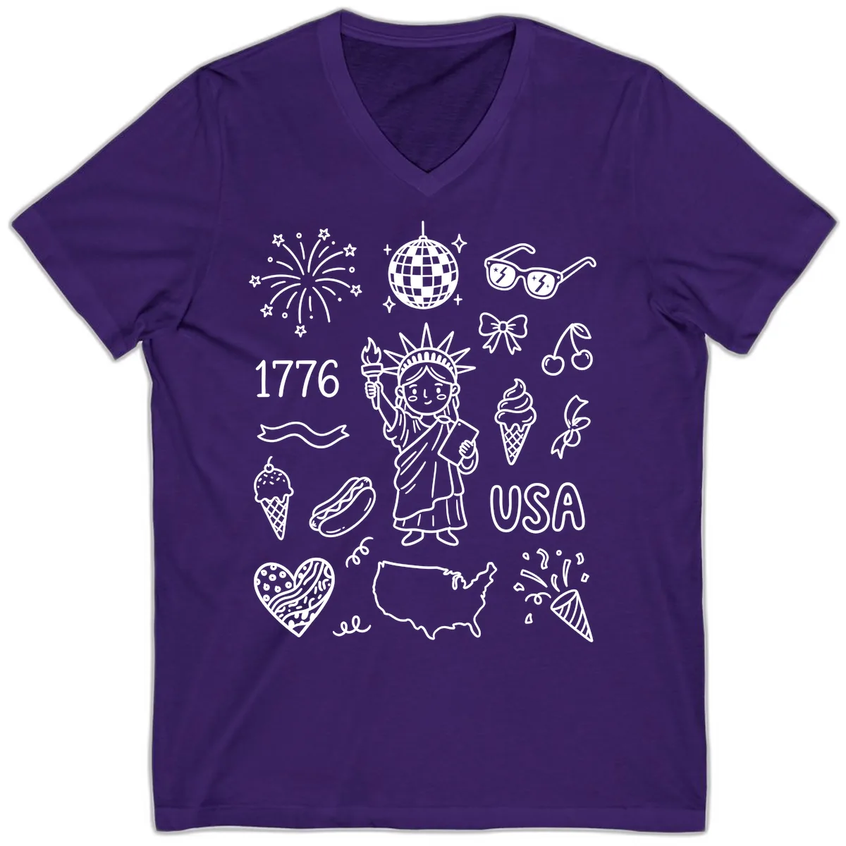 Patriotic Celebration Doodles with Lady Liberty V-Neck in Team Purple