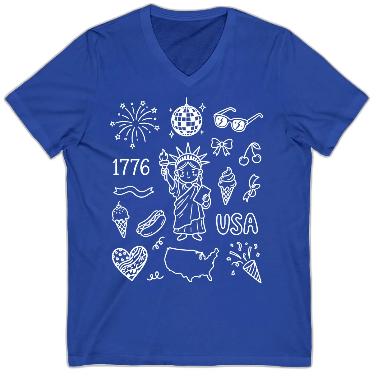Patriotic Celebration Doodles with Lady Liberty V-Neck in True Royal