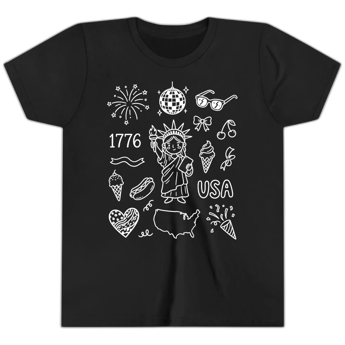 Patriotic Celebration Doodles with Lady Liberty Youth T-Shirt in Black