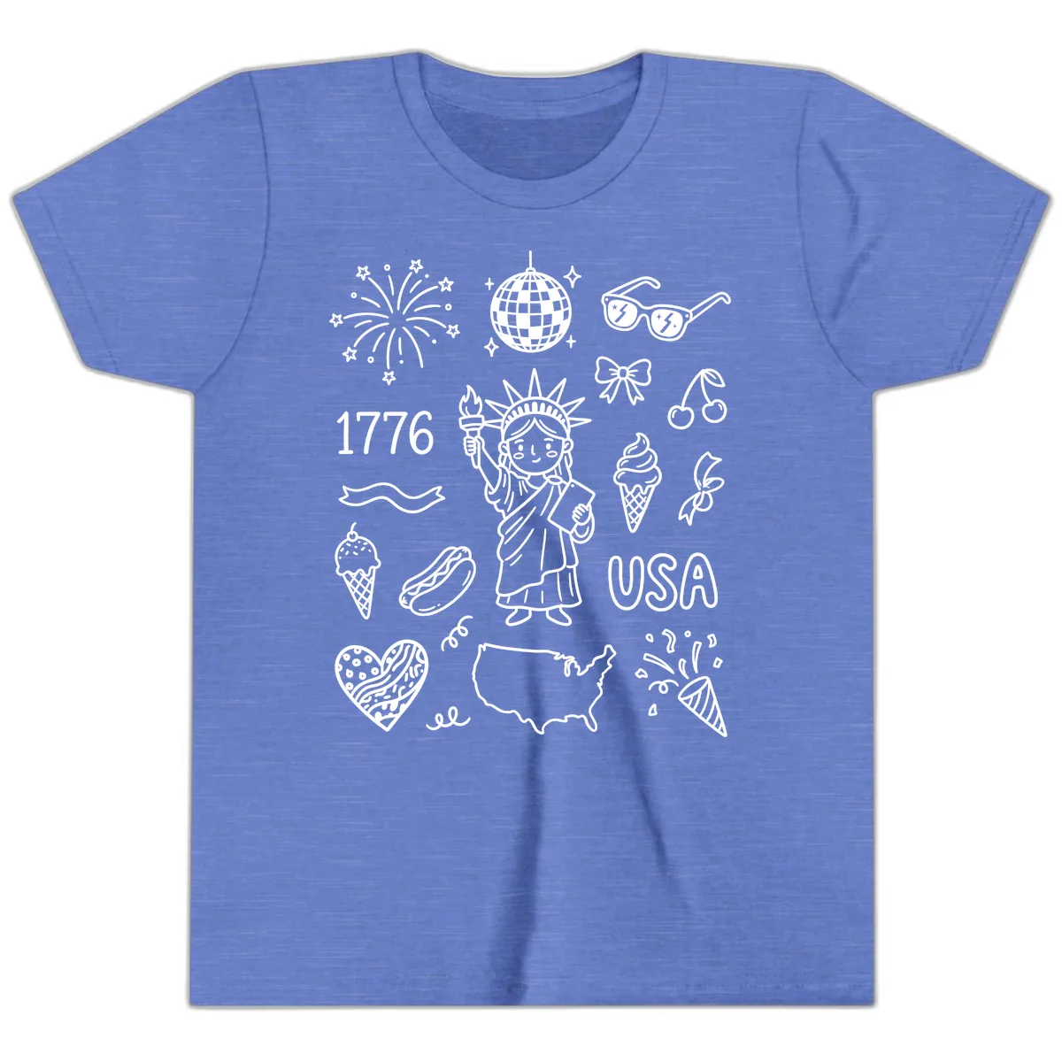 Patriotic Celebration Doodles with Lady Liberty Youth T-Shirt in Heather Columbia Blue