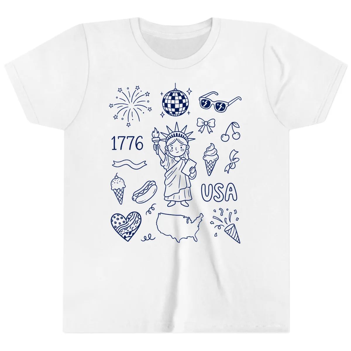 Patriotic Celebration Doodles with Lady Liberty Youth T-Shirt in White