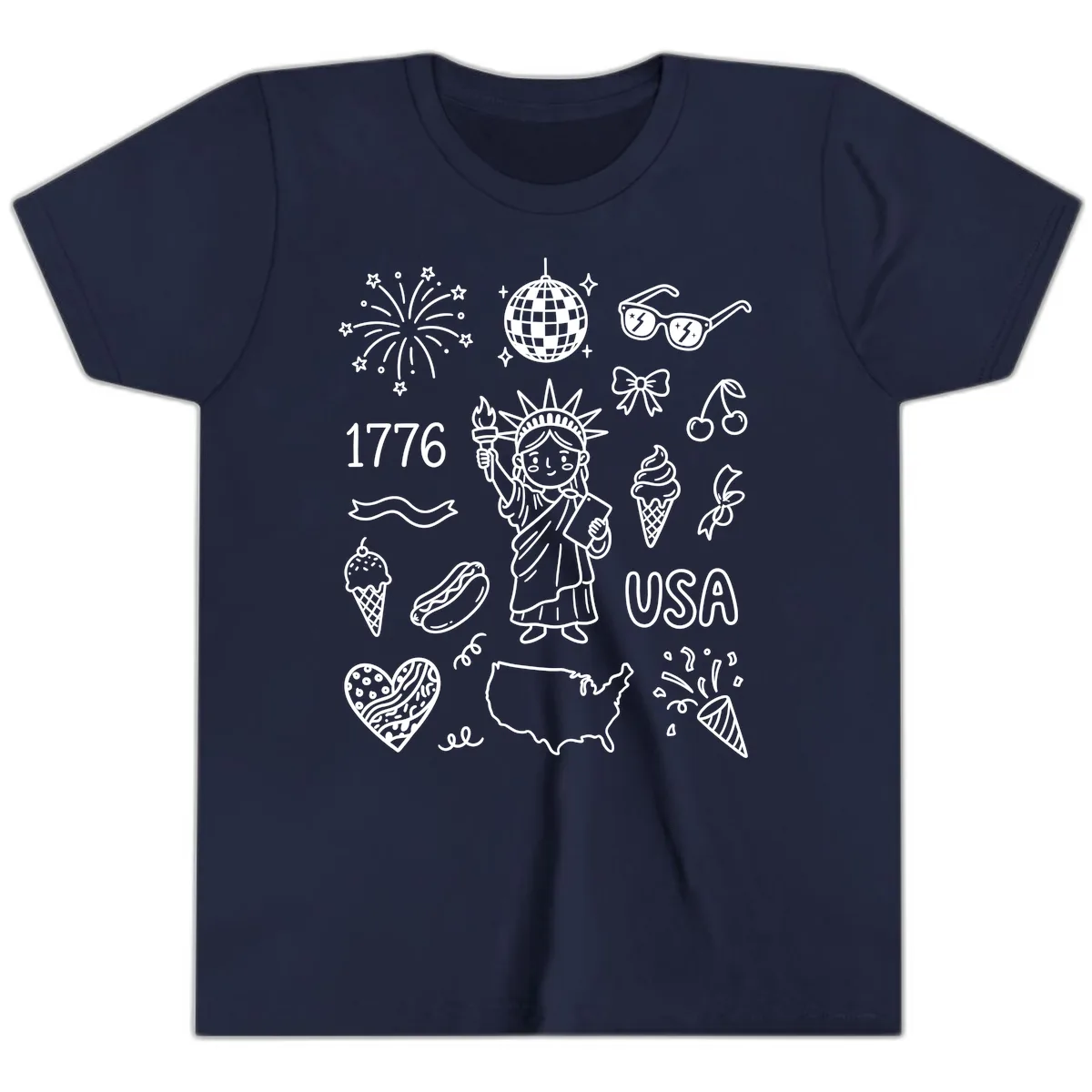 Patriotic Celebration Doodles with Lady Liberty Youth T-Shirt in Navy