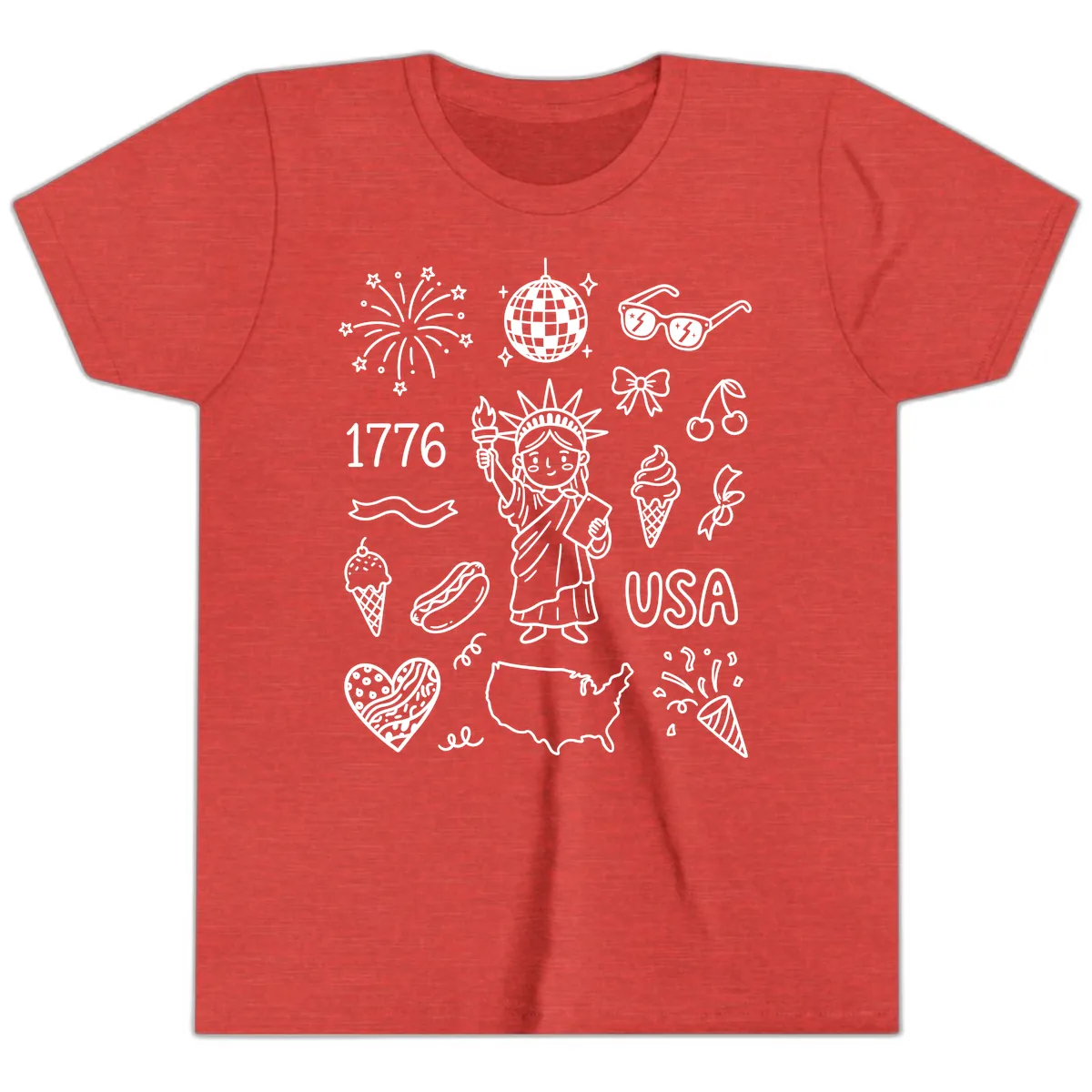 Patriotic Celebration Doodles with Lady Liberty Youth T-Shirt in Heather Red