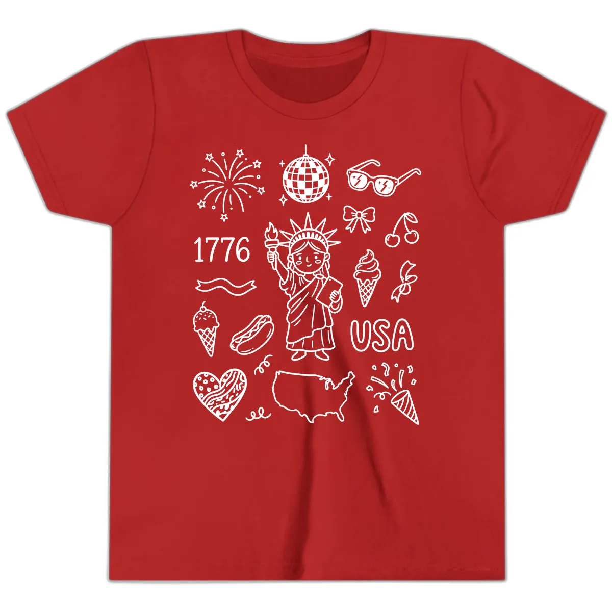 Patriotic Celebration Doodles with Lady Liberty Youth T-Shirt in Red