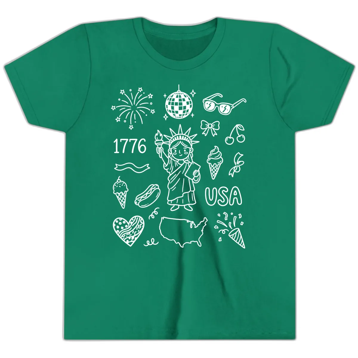 Patriotic Celebration Doodles with Lady Liberty Youth T-Shirt in Kelly