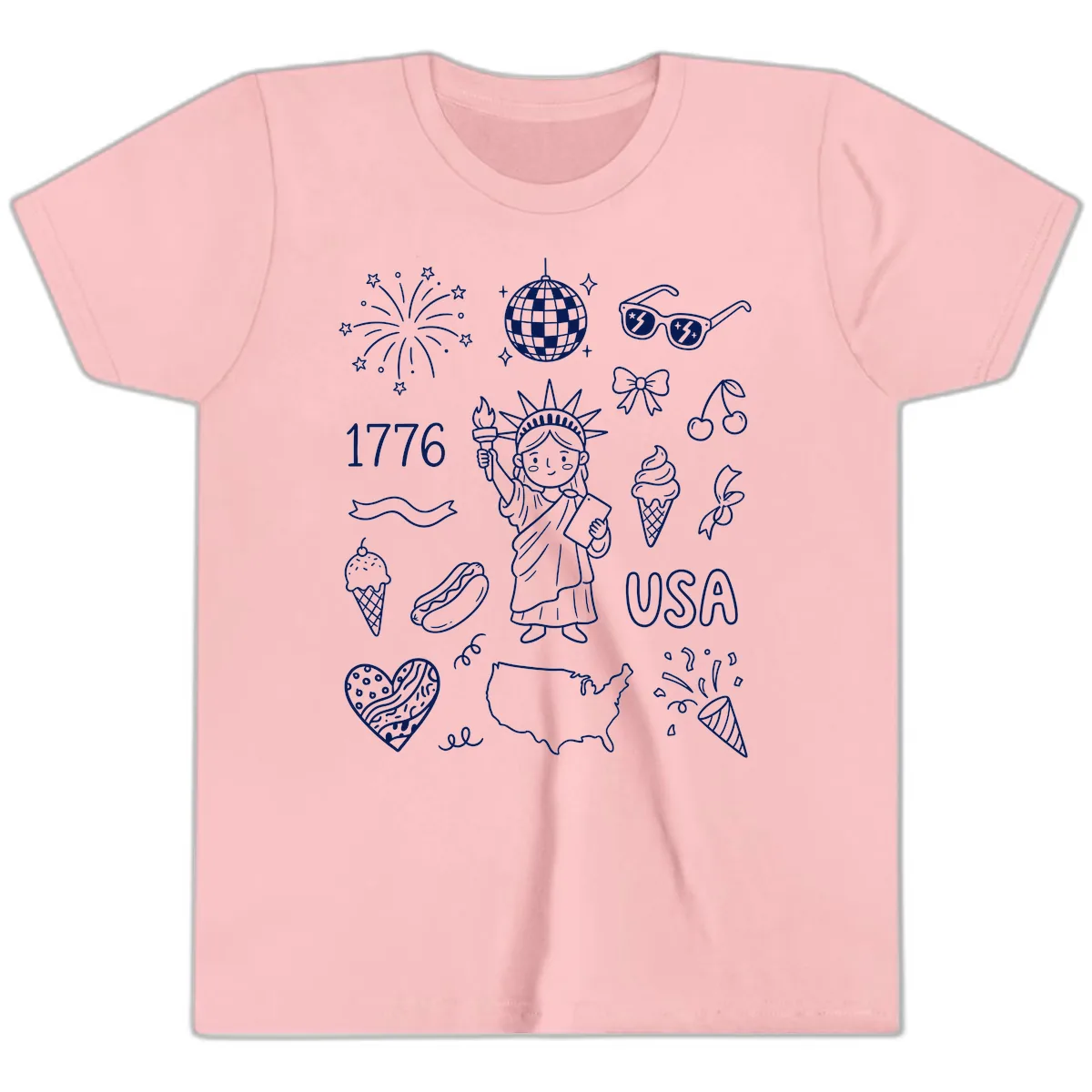 Patriotic Celebration Doodles with Lady Liberty Youth T-Shirt in Pink