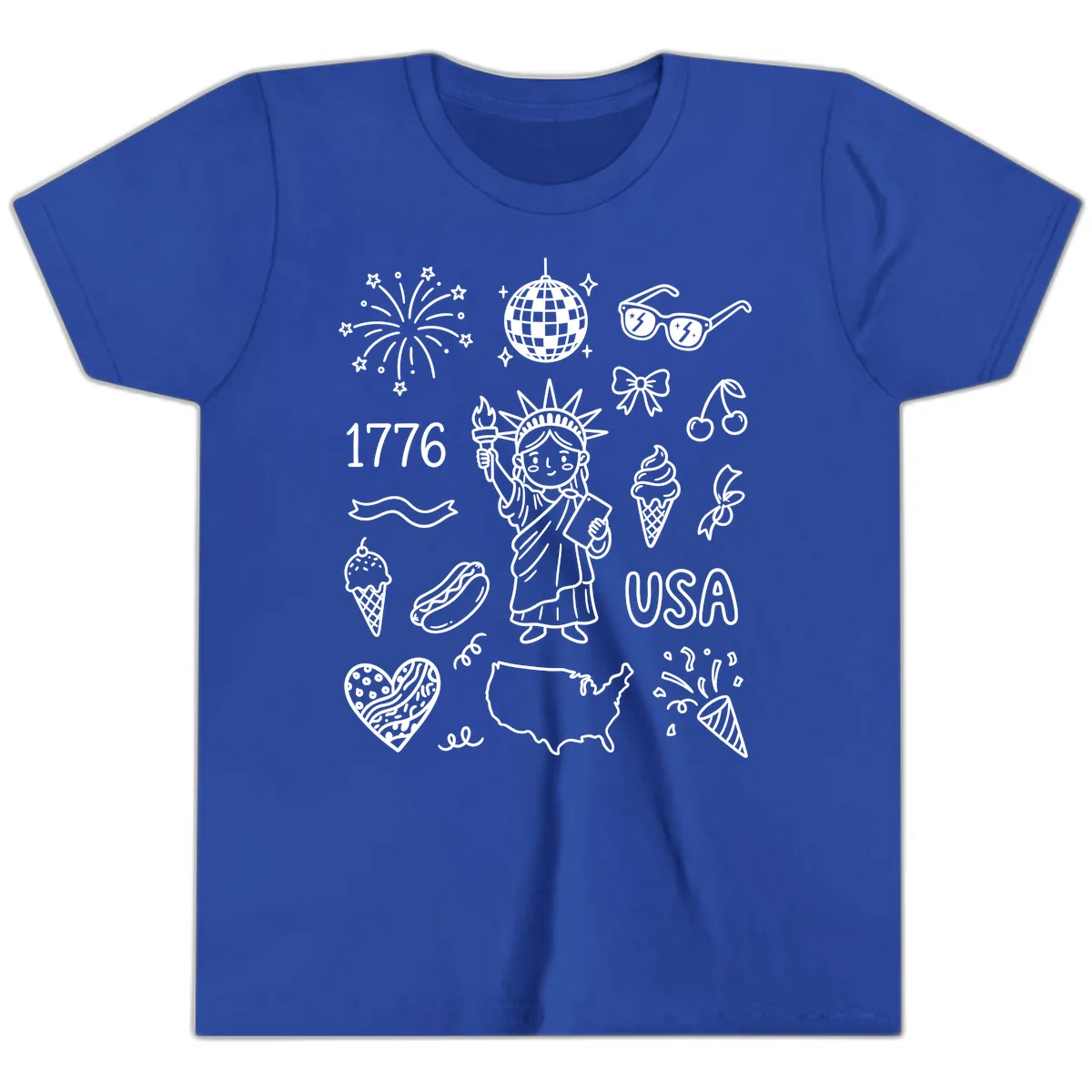 Patriotic Celebration Doodles with Lady Liberty Youth T-Shirt in True Royal