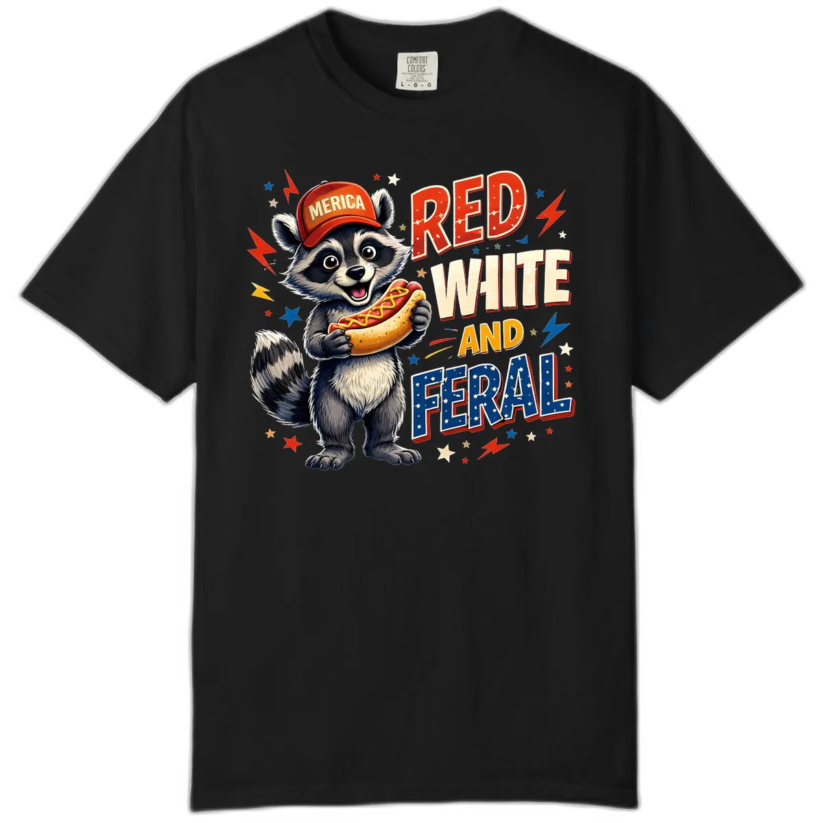 Raccoon Merica Hot Dog Red White And Feral Comfort Color in Black