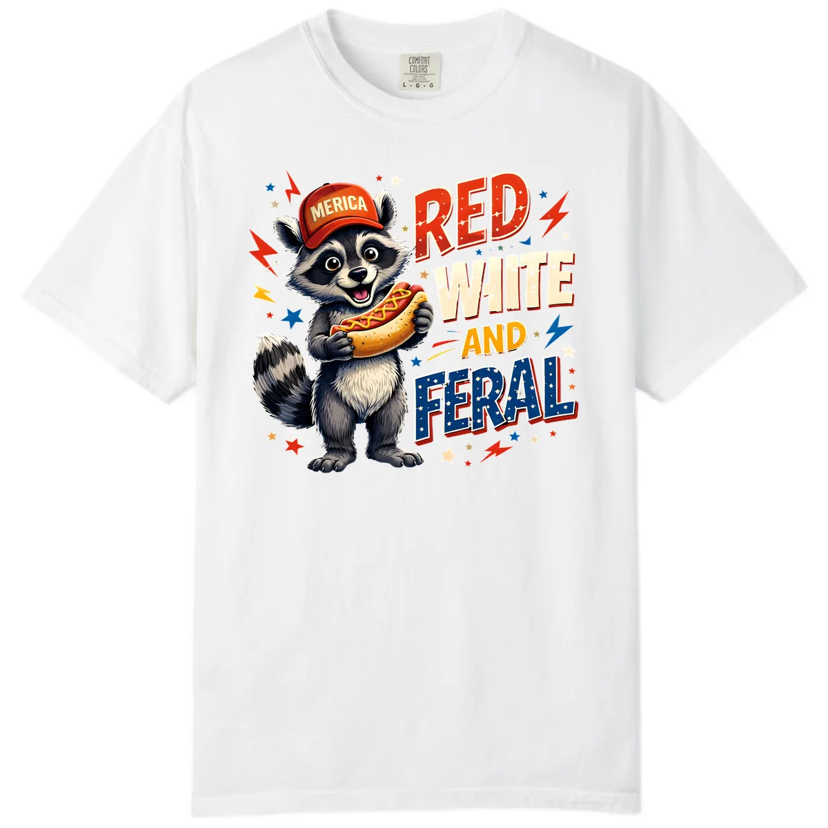Raccoon Merica Hot Dog Red White And Feral Comfort Color in White