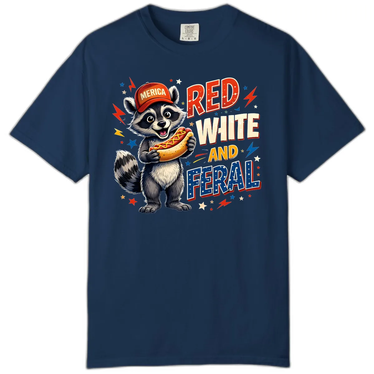 Raccoon Merica Hot Dog Red White And Feral Comfort Color in Navy