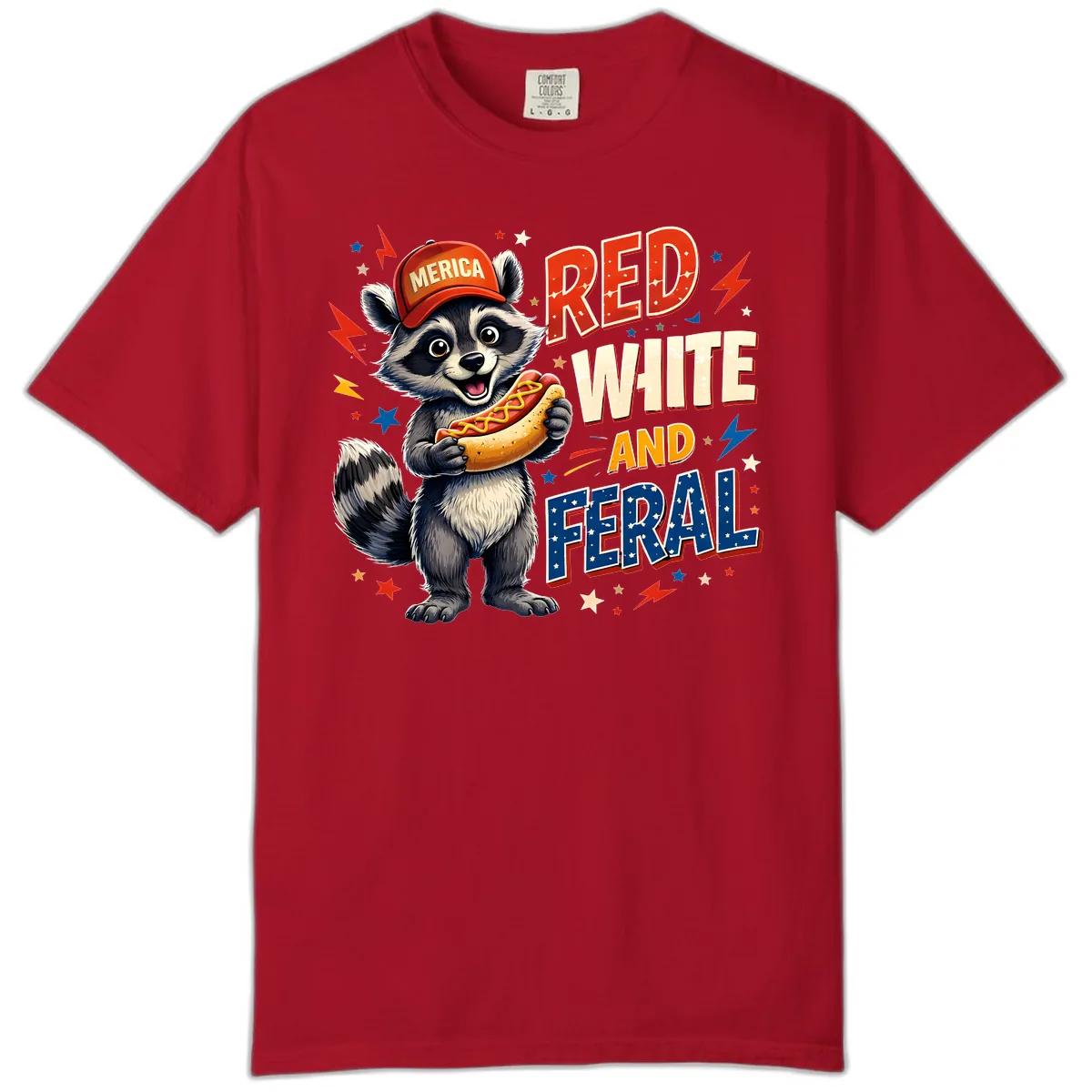 Raccoon Merica Hot Dog Red White And Feral Comfort Color in Red