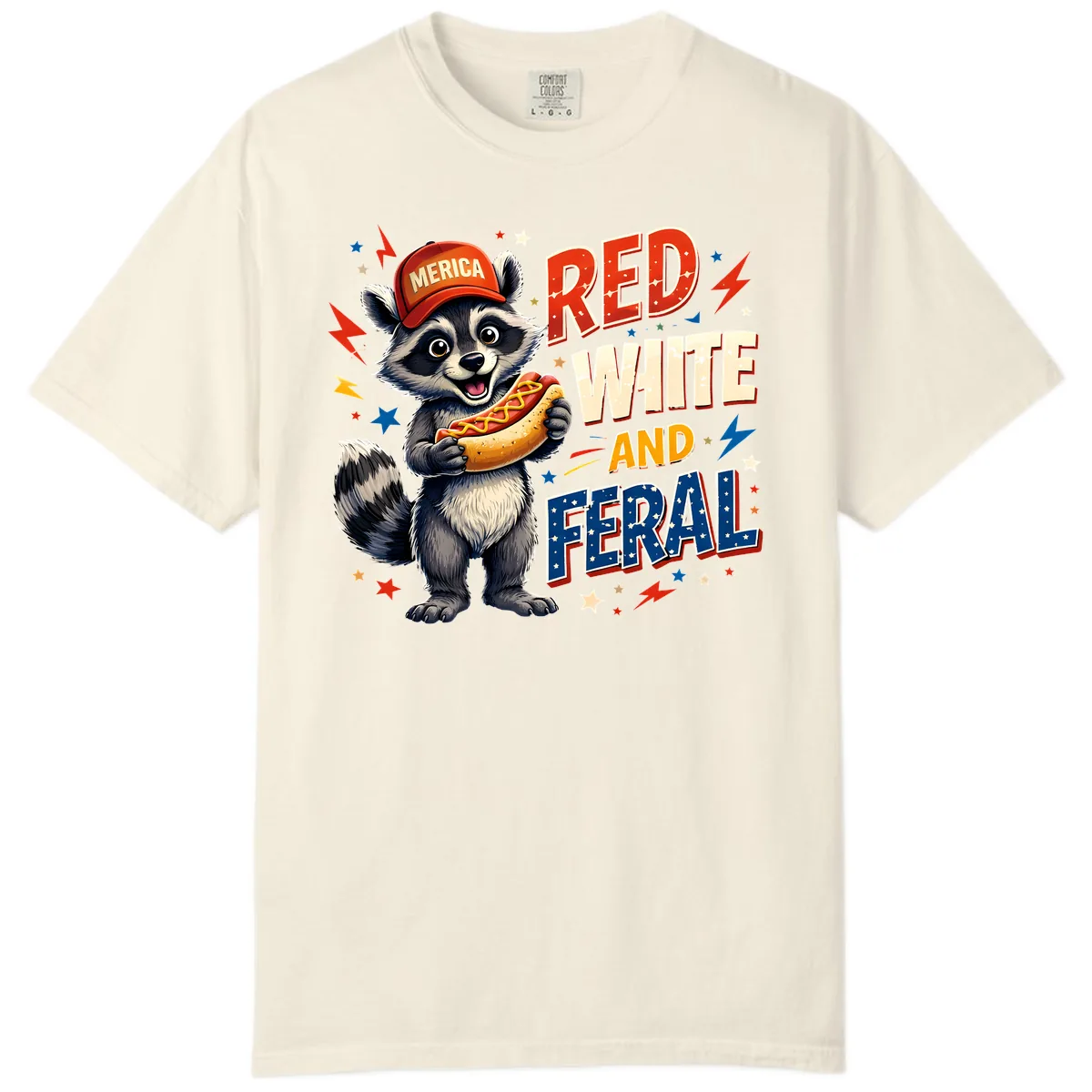 Raccoon Merica Hot Dog Red White And Feral Comfort Color in Ivory