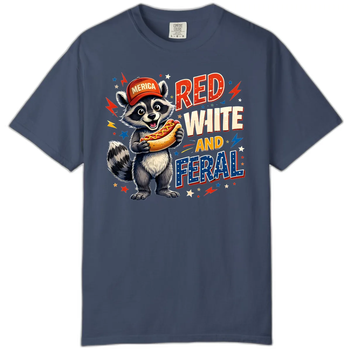 Raccoon Merica Hot Dog Red White And Feral Comfort Color in Midnight