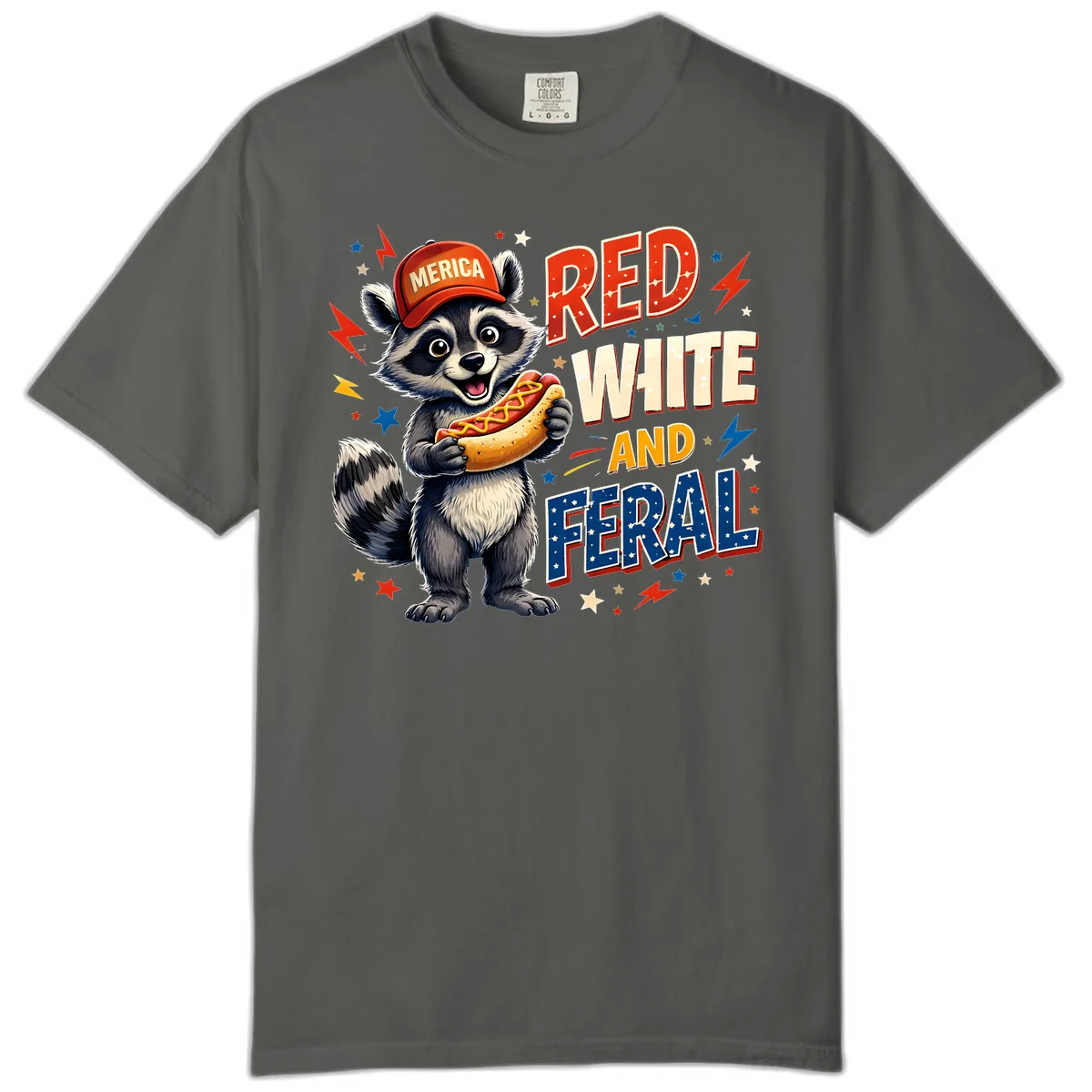 Raccoon Merica Hot Dog Red White And Feral Comfort Color in Pepper