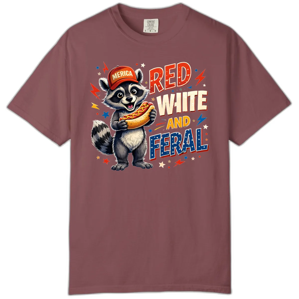 Raccoon Merica Hot Dog Red White And Feral Comfort Color in Brick